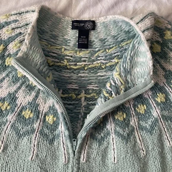 Handmade Womens Knit Cardigan With Floral Yoke Design Size M Pastel Mint Green & - Picture 5 of 8